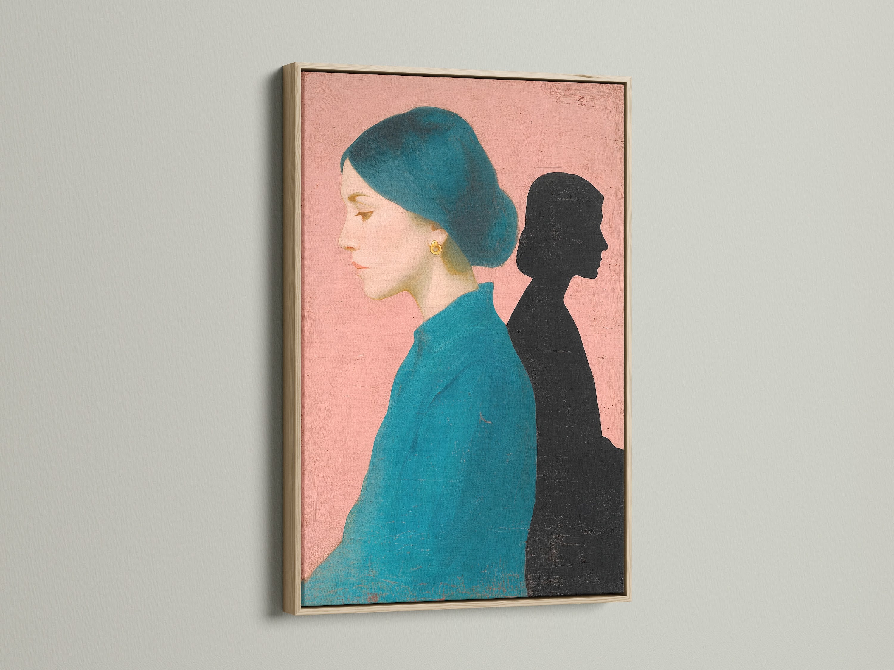 An oak frame beautifully showcases a portrait. This artwork has a woman with teal hair and teal shirt. The background color is pink and she has a shadow. The oak frame adds warmth and character.