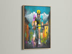 Artwork of a cyclist in an oak frame. The artwork features vibrant colors and dynamic brushstrokes. The oak frame enhances the artwork. It brings a natural and warm aesthetic. Perfect for adding a touch of sophistication to your space.