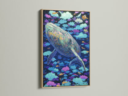 The oak frame showcases the captivating Whale Canvas Print. It's a dreamy ocean canvas with surreal wall art. This cloudscape artwork brings fantasy to any space. Ideal for kids room decor and nursery art.