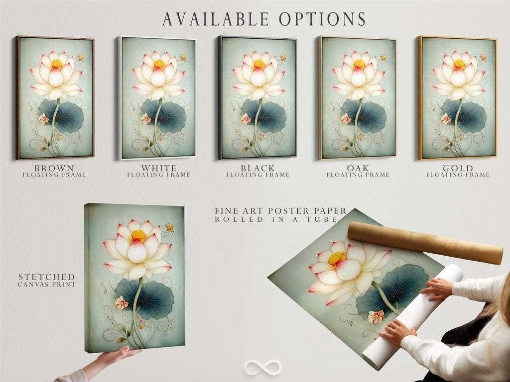 Available options for the Lotus Flower artwork include a stretched canvas print fine art poster paper and floating frame. This floral canvas art is ideal for minimalist Scandinavian zen or spa styles. Find the perfect flower artwork.
