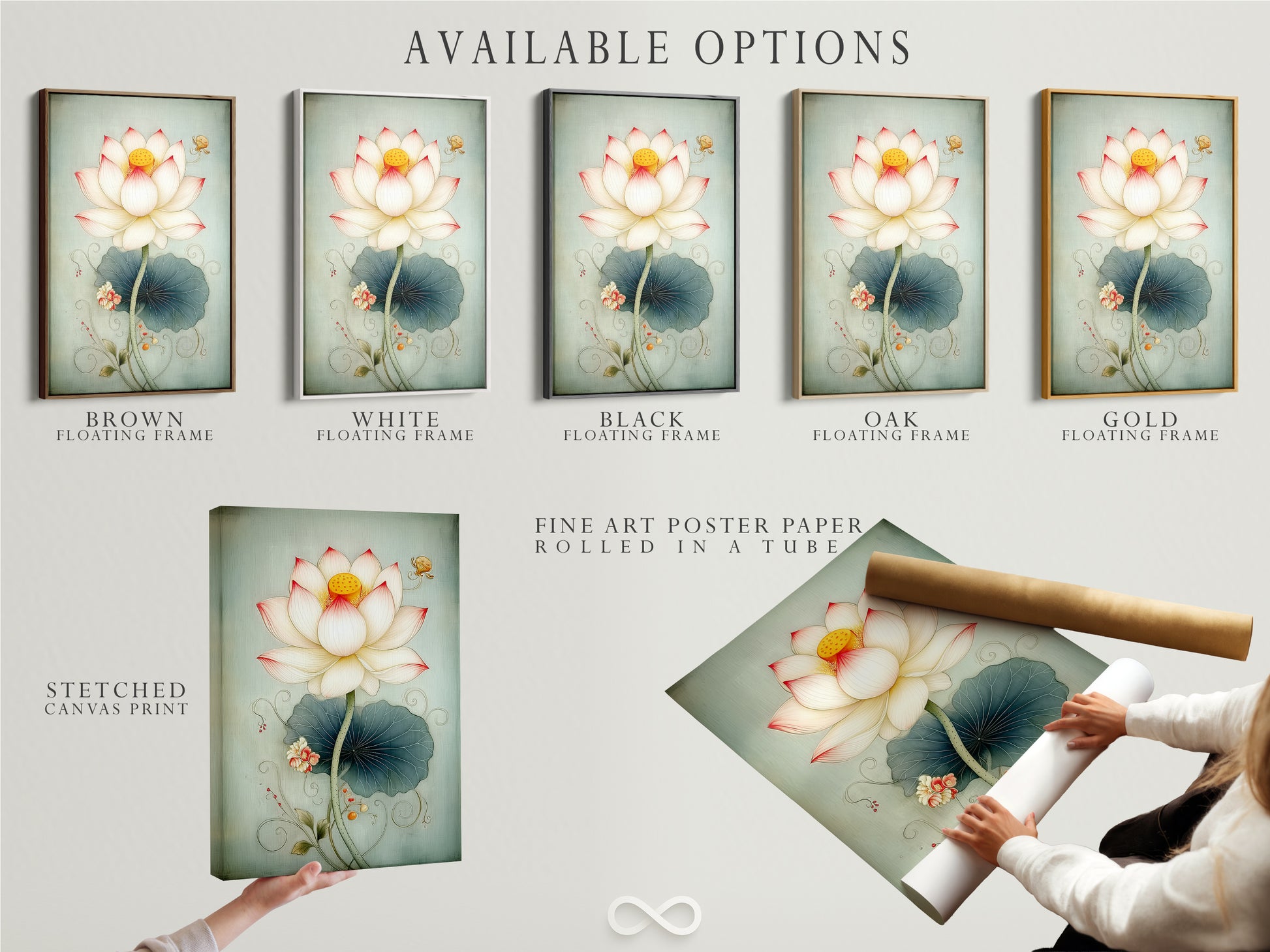 Available options for the Lotus Flower artwork include a stretched canvas print fine art poster paper and floating frame. This floral canvas art is ideal for minimalist Scandinavian zen or spa styles. Find the perfect flower artwork.