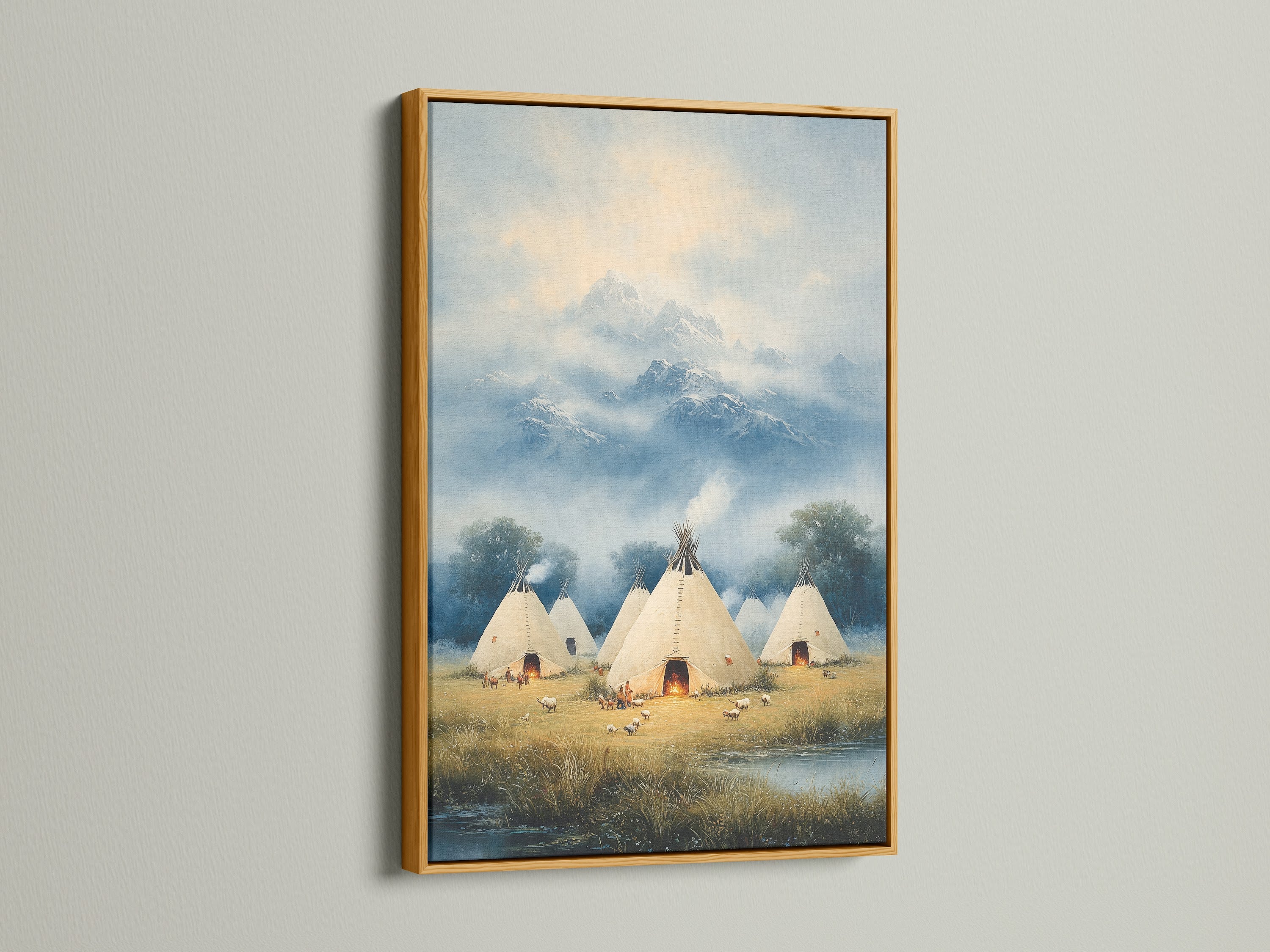Native American Teepee Mountain Wall Art with a Gold Frame. The gold frame adds a touch of elegance. This indigenous artwork elevates any space. The tipi print adds a tribal touch. This piece enhances any rustic wall decor setting. Perfect for southwest art and rustic wall decor.
