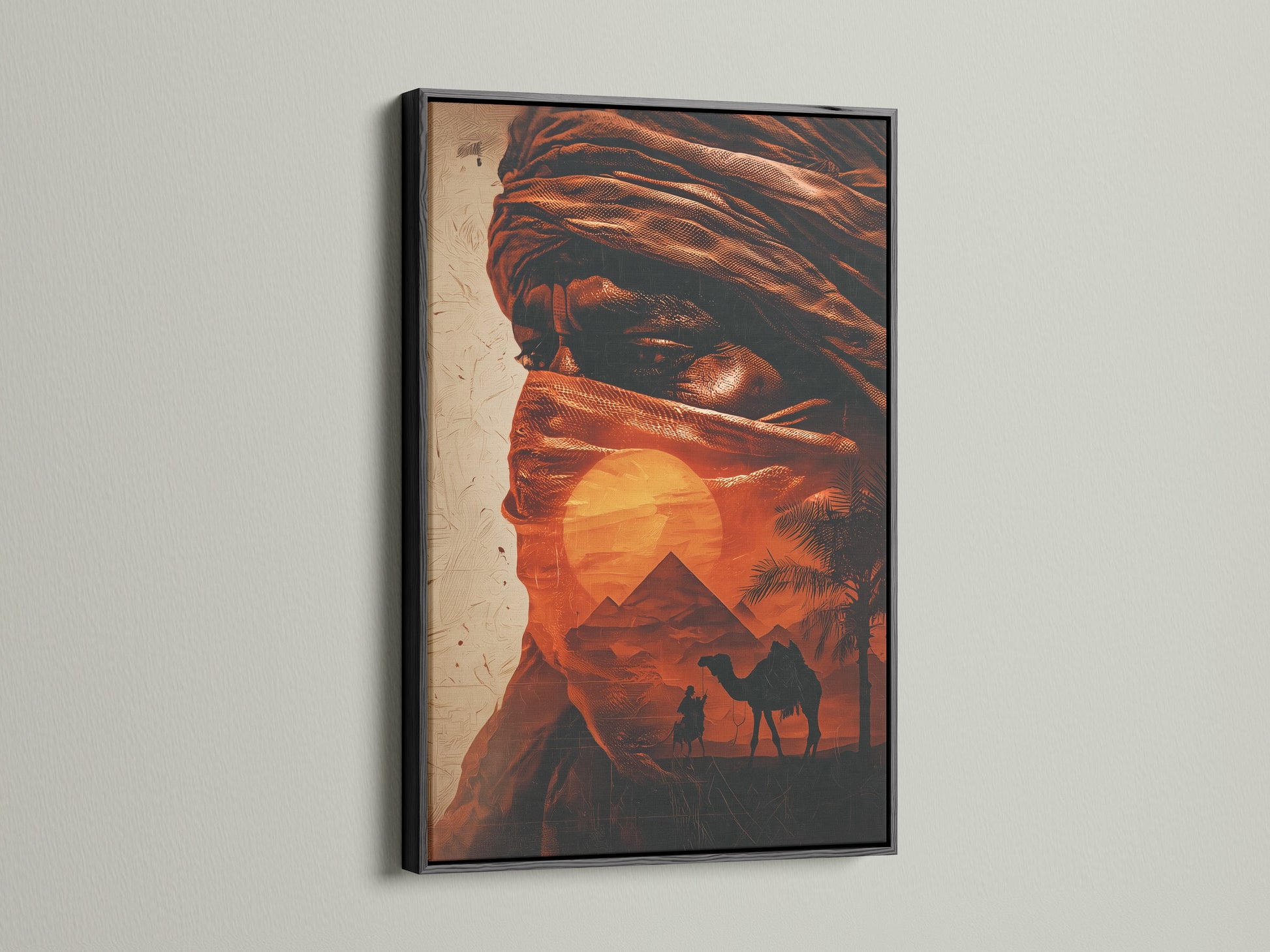 A sleek black frame showcases this desert Bedouin artwork. The dark frame adds a touch of modern elegance. The Middle East art brings cultural richness to your walls. Camel prints and pyramid art create a focal point. Ideal for a studio lobby or boardroom. This piece enhances eclectic and rustic styles.