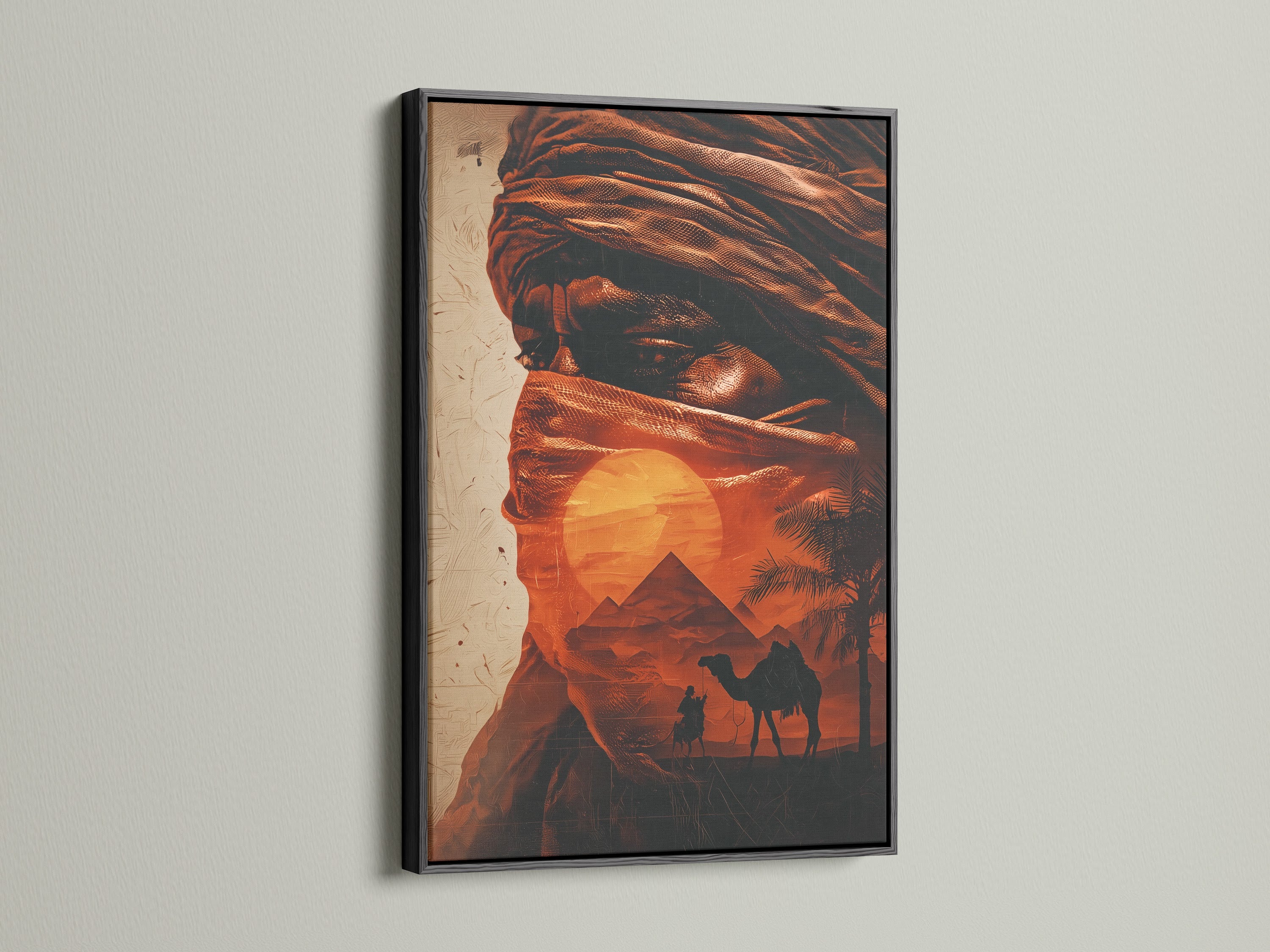 A sleek black frame showcases this desert Bedouin artwork. The dark frame adds a touch of modern elegance. The Middle East art brings cultural richness to your walls. Camel prints and pyramid art create a focal point. Ideal for a studio lobby or boardroom. This piece enhances eclectic and rustic styles.