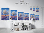 A size comparison chart is displayed in an interior. The chart helps visualize artwork dimensions. Choose the perfect size for your space. See how different sizes fit on a wall. Plan your art arrangement effectively.