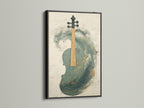 Abstract Violin Canvas Print in a black frame. The contrast of the teal and gold artwork with the black frame creates a bold statement. This modern musical art piece is ideal for contemporary interiors. Perfect for music rooms studios or creative offices seeking a refined touch.