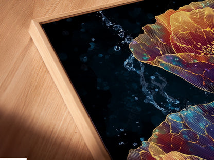 A close-up angled view reveals the exquisite details of a canvas print within a floating frame. The floral poppy artwork adds a modern touch to any space. This framing option enhances the artwork's depth and elegance. Discover the beauty of our framed art prints.