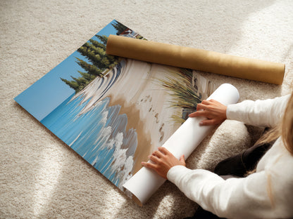 Woman Rolling a Fine Art Poster Paper. This shows the care in preparing a coastal beach house artwork. The poster paper ensures a high-quality ocean view print. Perfect for showcasing sand dune art.
