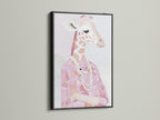 A black frame presents a Giraffe Portrait Canvas Print. The pink animal print creates a chic look. Fashion giraffe art is perfectly framed with a pearl necklace. Black frame contrasts beautifully with blush pink art. This stylish animal art is striking.