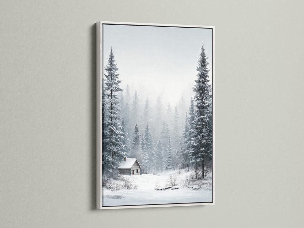 Winter Forest artwork displayed in a white frame. This piece brings a snowy landscape indoors. Pine trees and a cozy cabin create a winter scene. Ideal wall art for a minimalist aesthetic. This frame complements any color scheme.