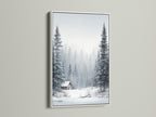 Winter Forest artwork displayed in a white frame. This piece brings a snowy landscape indoors. Pine trees and a cozy cabin create a winter scene. Ideal wall art for a minimalist aesthetic. This frame complements any color scheme.