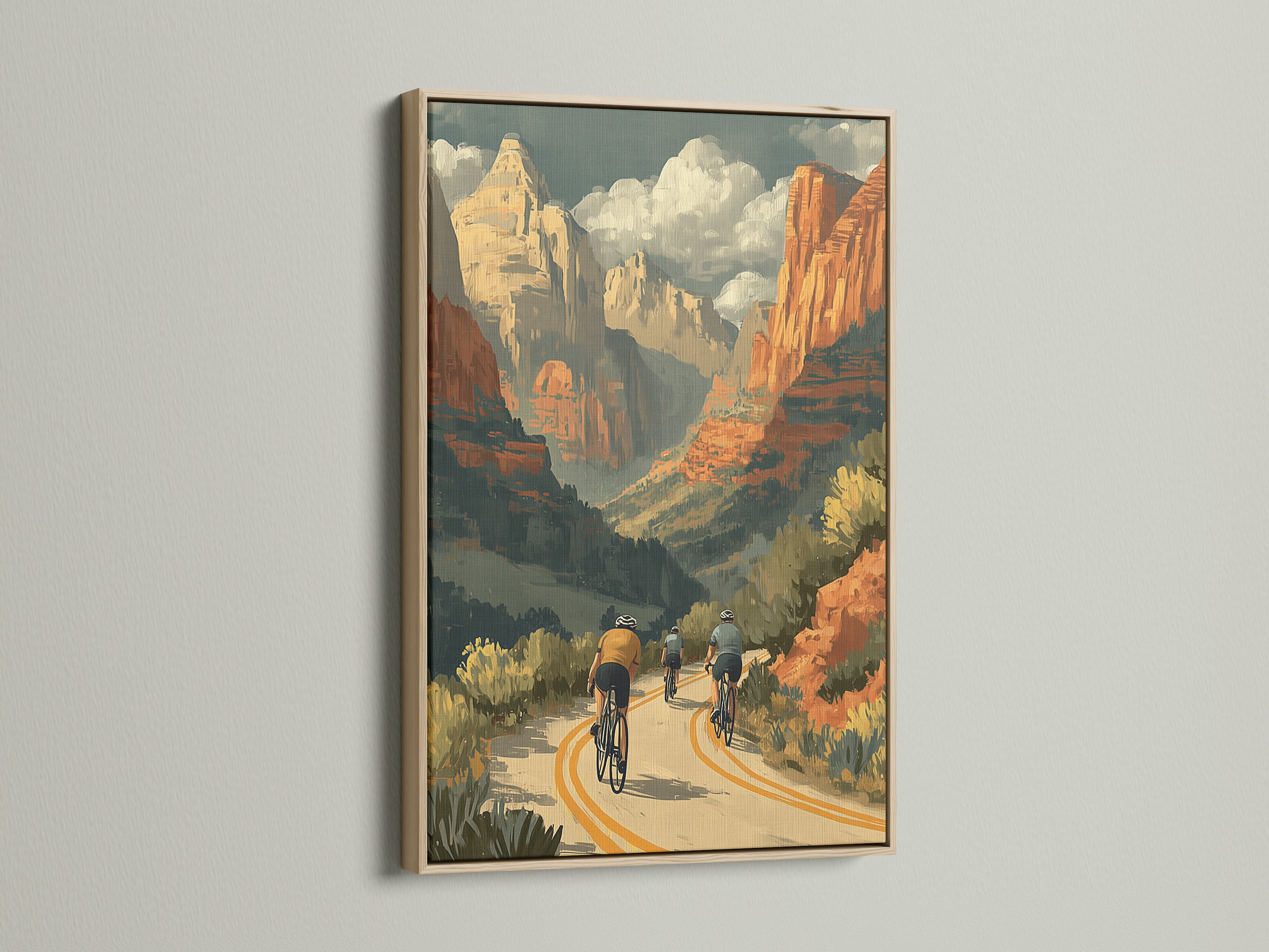The vintage cycling poster showcases a desert landscape. The artwork is framed in oak. This retro travel print captures the spirit of road bike adventures. It's perfect for adding a touch of Southwestern style to your decor. The canyon print evokes a sense of wanderlust and outdoor exploration.
