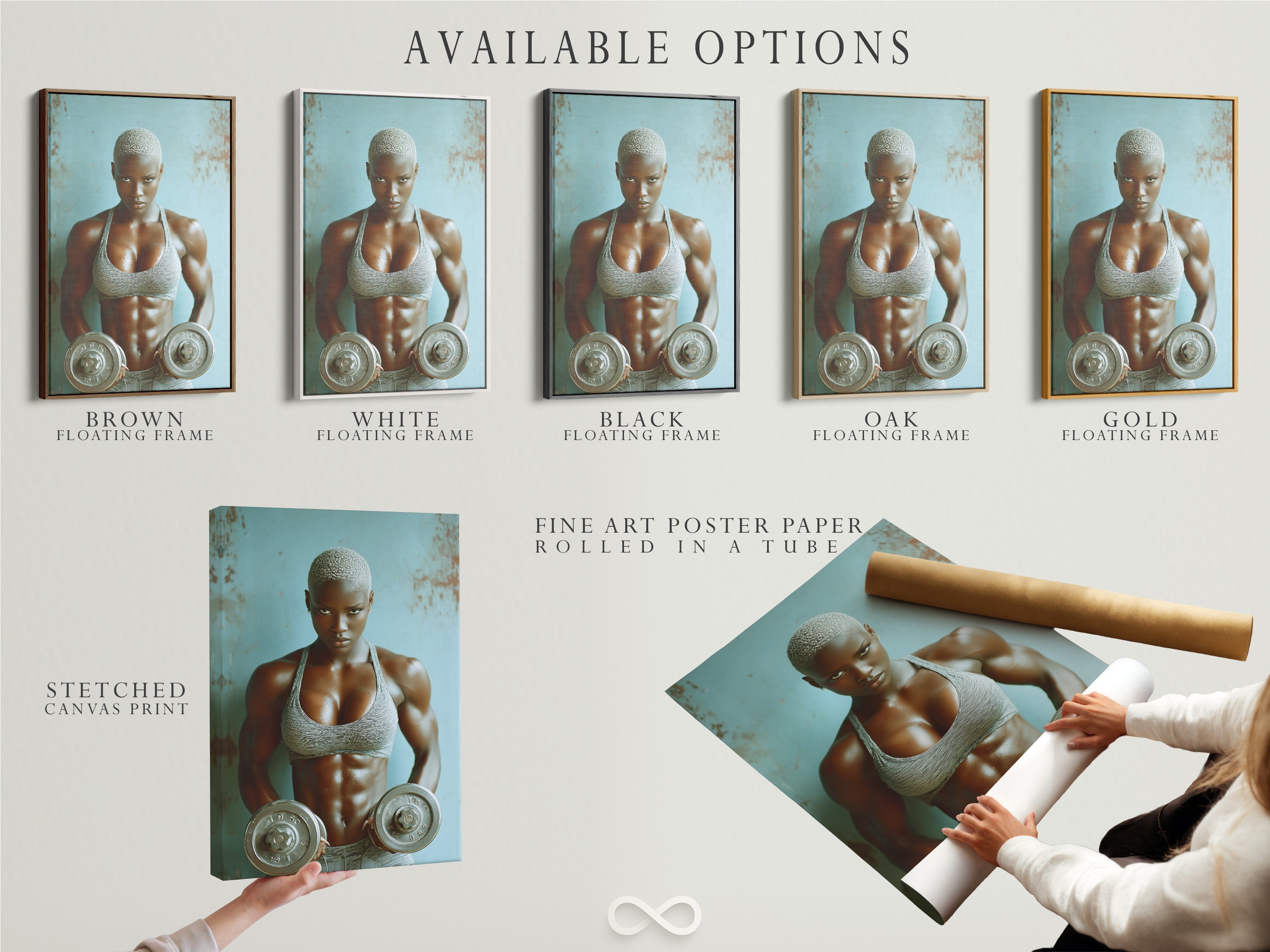 Available options include a stretched canvas print fine art poster paper and floating frame. Strong woman fitness art for gym motivation. Wall decor for a home gym or workout room. Contemporary weightlifting art.