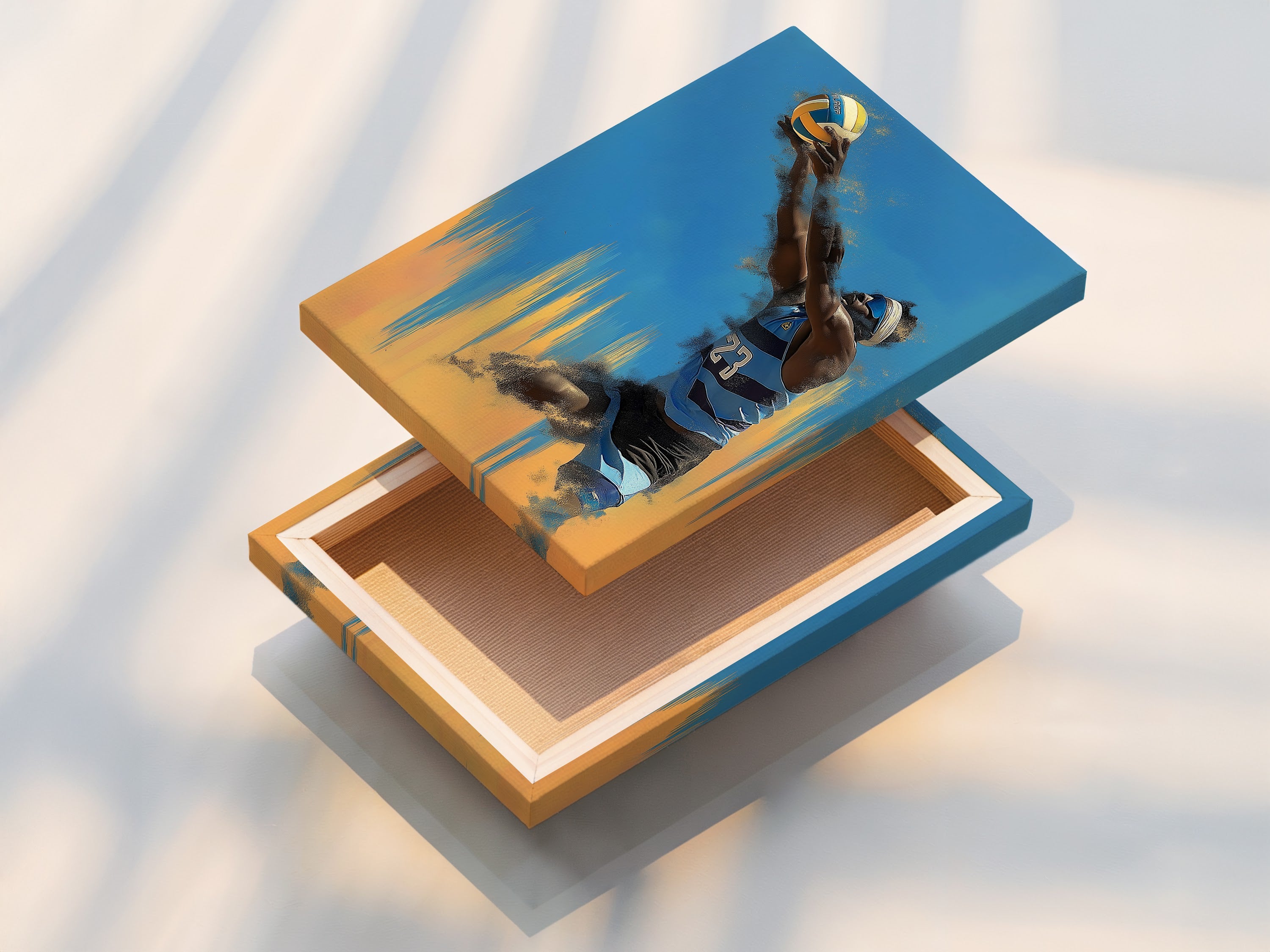 A stretched canvas print of the Volleyball Player Artwork. Ready to hang and enjoy. This stretched canvas provides a gallery-quality look. Perfect for adding dynamic energy to your space.