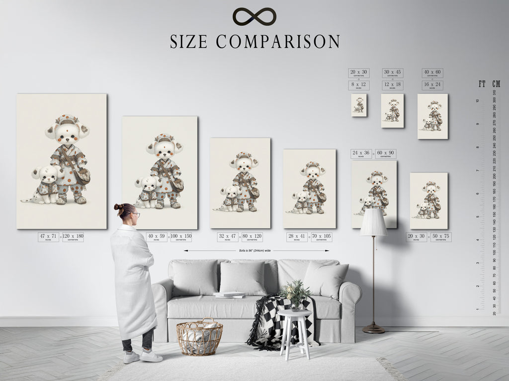 Size comparison chart in an interior setting. The chart displays available sizes for the cute panda art print. The kawaii animal wall art will fit perfectly in any nursery. Choose the ideal size for your baby room decor. Visualize how this artwork will look in your space.