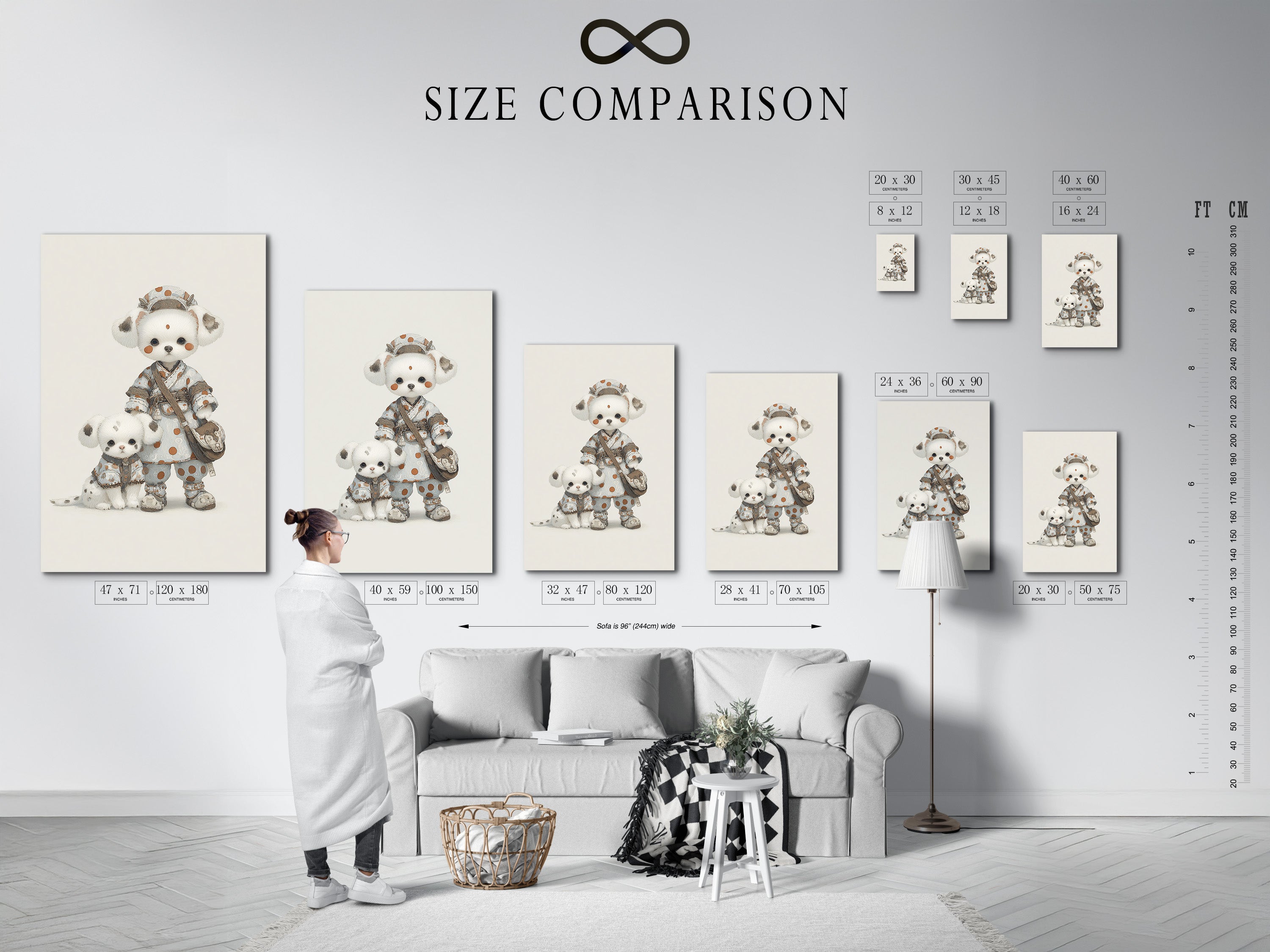 Size comparison chart in an interior setting. The chart displays available sizes for the cute panda art print. The kawaii animal wall art will fit perfectly in any nursery. Choose the ideal size for your baby room decor. Visualize how this artwork will look in your space.