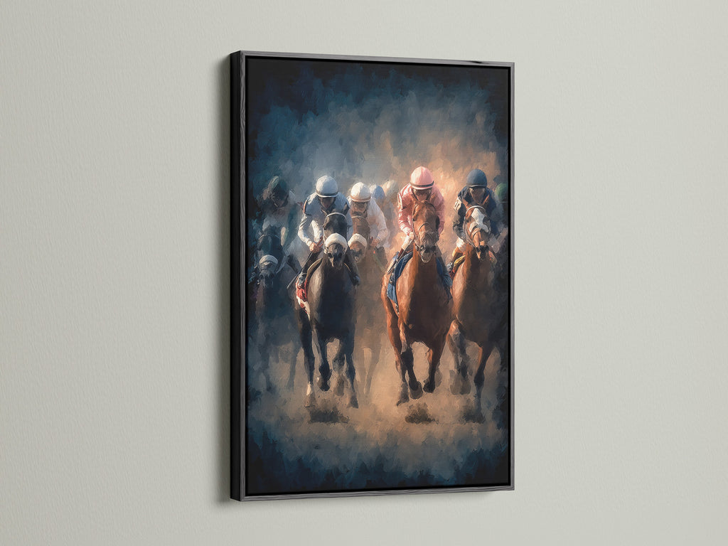 Artwork of horse racing framed in a black frame. The artwork shows horses and jockeys in a competitive race. The black frame provides a bold and classic touch. Perfect wall art for any room