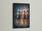 Artwork of horse racing framed in a black frame. The artwork shows horses and jockeys in a competitive race. The black frame provides a bold and classic touch. Perfect wall art for any room