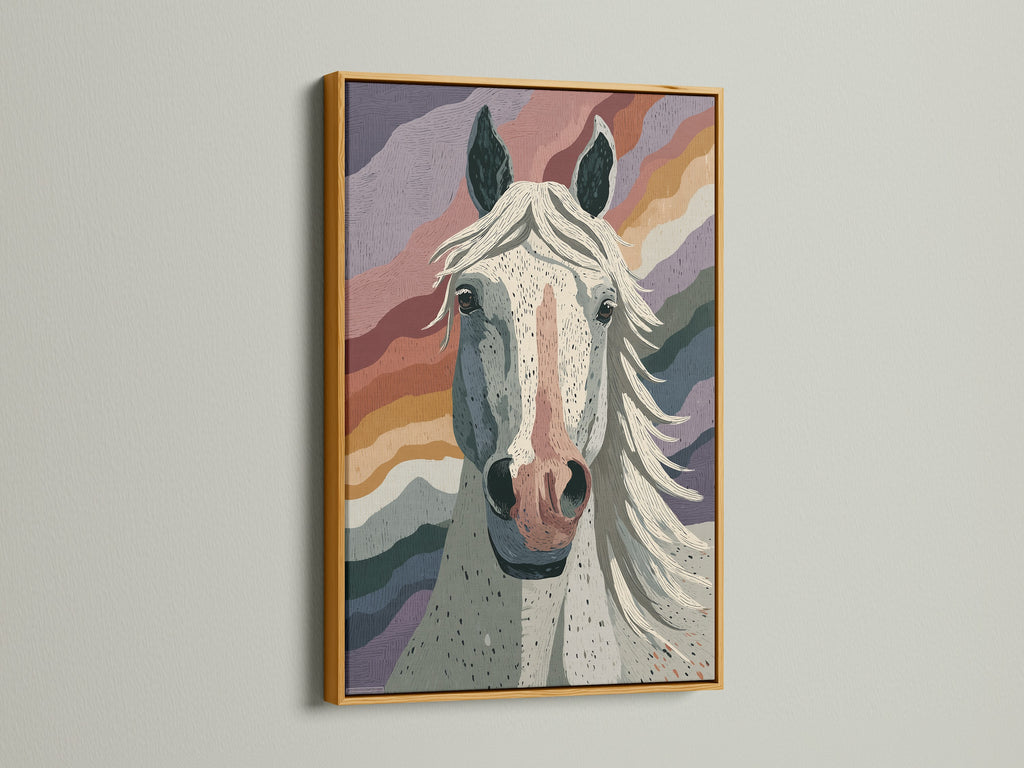 Boho animal print framed in gold. This equestrian canvas brings a touch of elegance and rustic charm to any room. The gold frame enhances the rich colors of the horse artwork. Perfect for adding a luxurious touch to your western home decor.