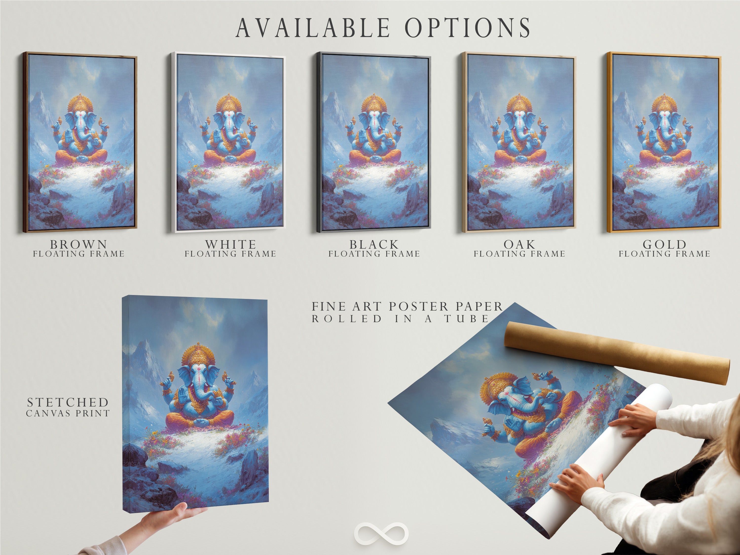 Explore available options for Ganesha artwork. Choose from a stretched canvas print. Consider fine art poster paper or a floating frame. Elevate your meditation room with spiritual wall art. Perfect for yoga studio decor too.