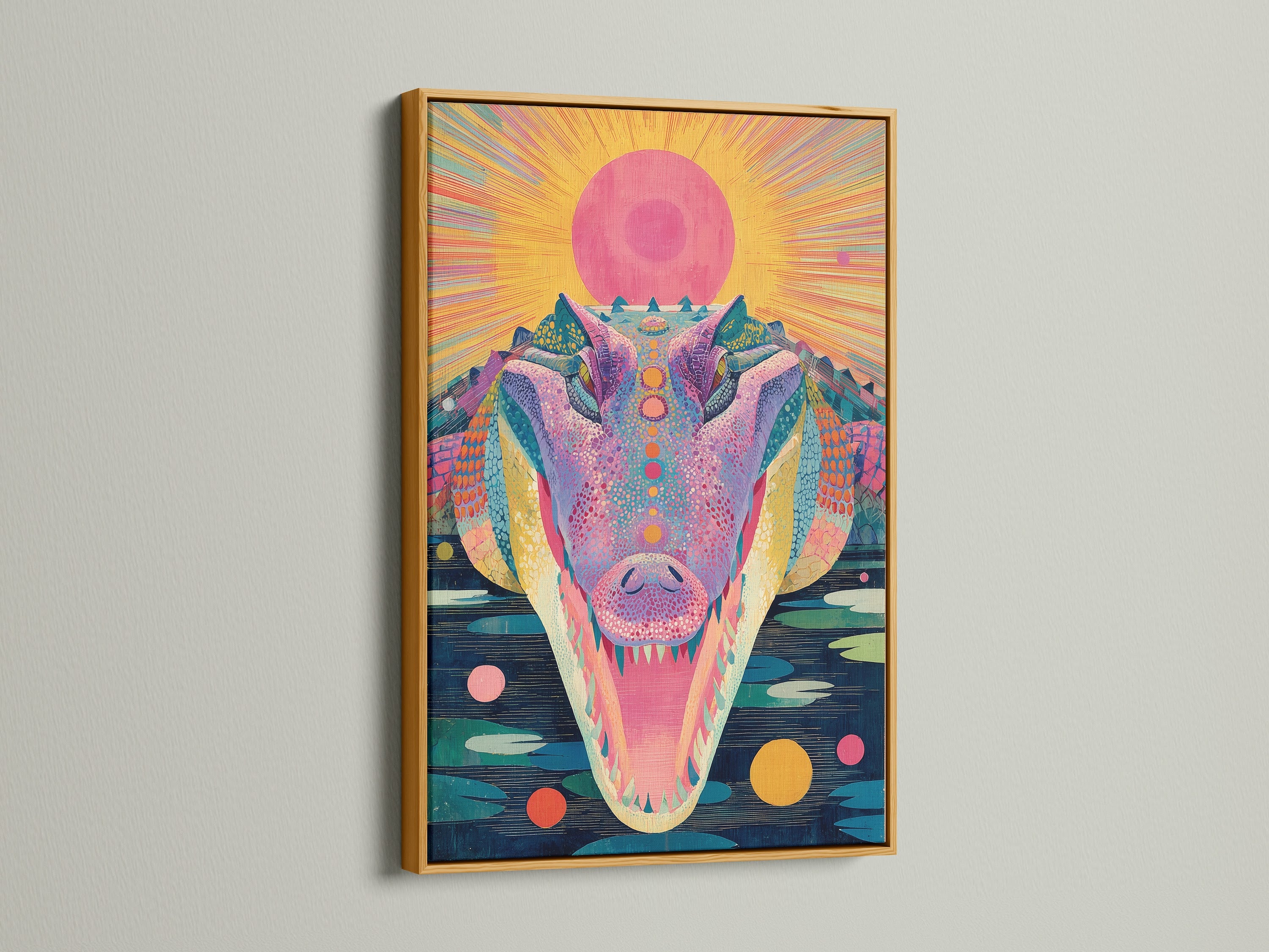 A psychedelic crocodile artwork is presented in a gold frame. The artwork radiates a colorful and trippy vibe. This surreal animal poster is perfect for adding a touch of luxury. Ideal for enhancing bedroom wall artwork. The artwork blends retro aesthetics with modern artwork.