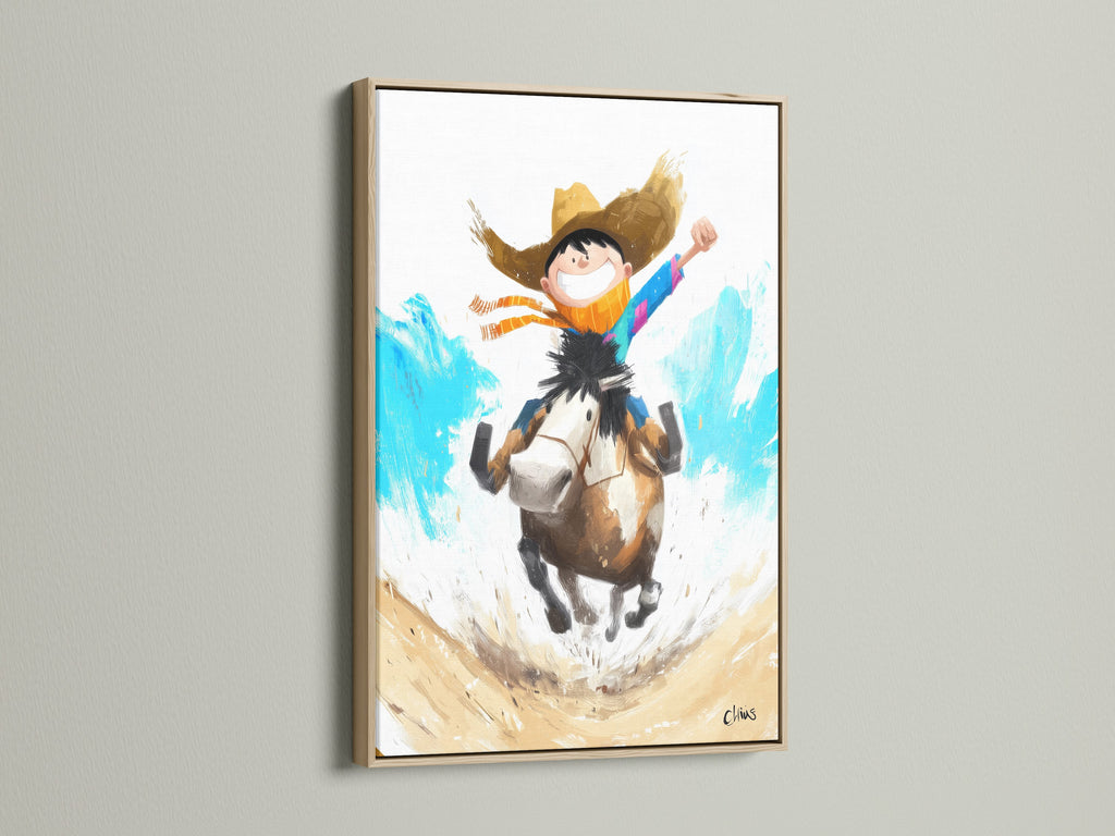 Boy Riding Horse Artwork inside an oak frame. This charming artwork brings a touch of the Wild West into any space. Ideal for kids' rooms or family areas. The oak frame complements the artwork's rustic style.