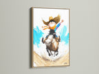 Boy Riding Horse Artwork inside an oak frame. This charming artwork brings a touch of the Wild West into any space. Ideal for kids' rooms or family areas. The oak frame complements the artwork's rustic style.