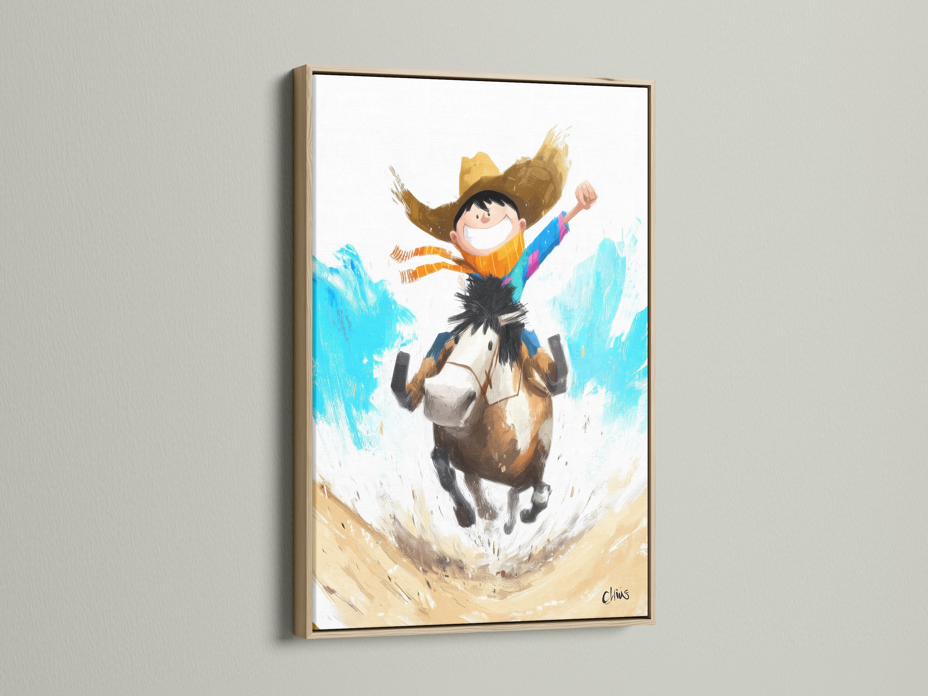 Boy Riding Horse Artwork inside an oak frame. This charming artwork brings a touch of the Wild West into any space. Ideal for kids' rooms or family areas. The oak frame complements the artwork's rustic style.