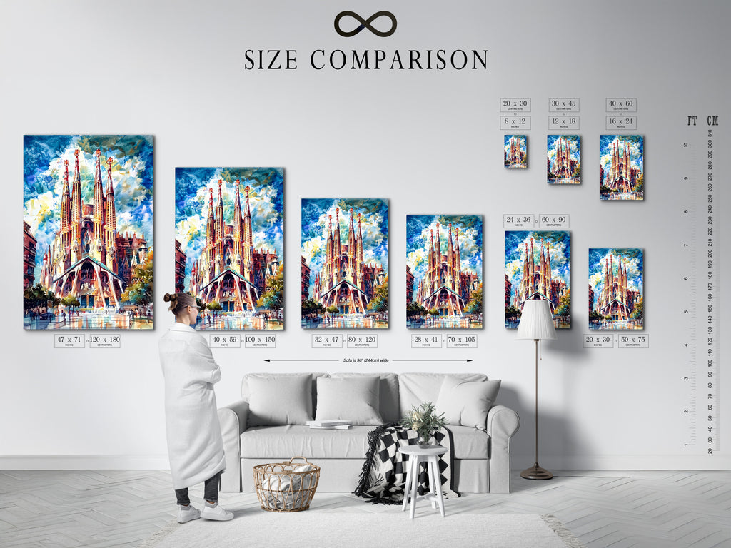Size comparison chart of Sagrada Familia artwork in an interior. See how this Barcelona wall art fits in your space. The gothic cathedral poster is perfect for any room. Visualize your new architectural print today.