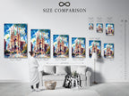 Size comparison chart of Sagrada Familia artwork in an interior. See how this Barcelona wall art fits in your space. The gothic cathedral poster is perfect for any room. Visualize your new architectural print today.