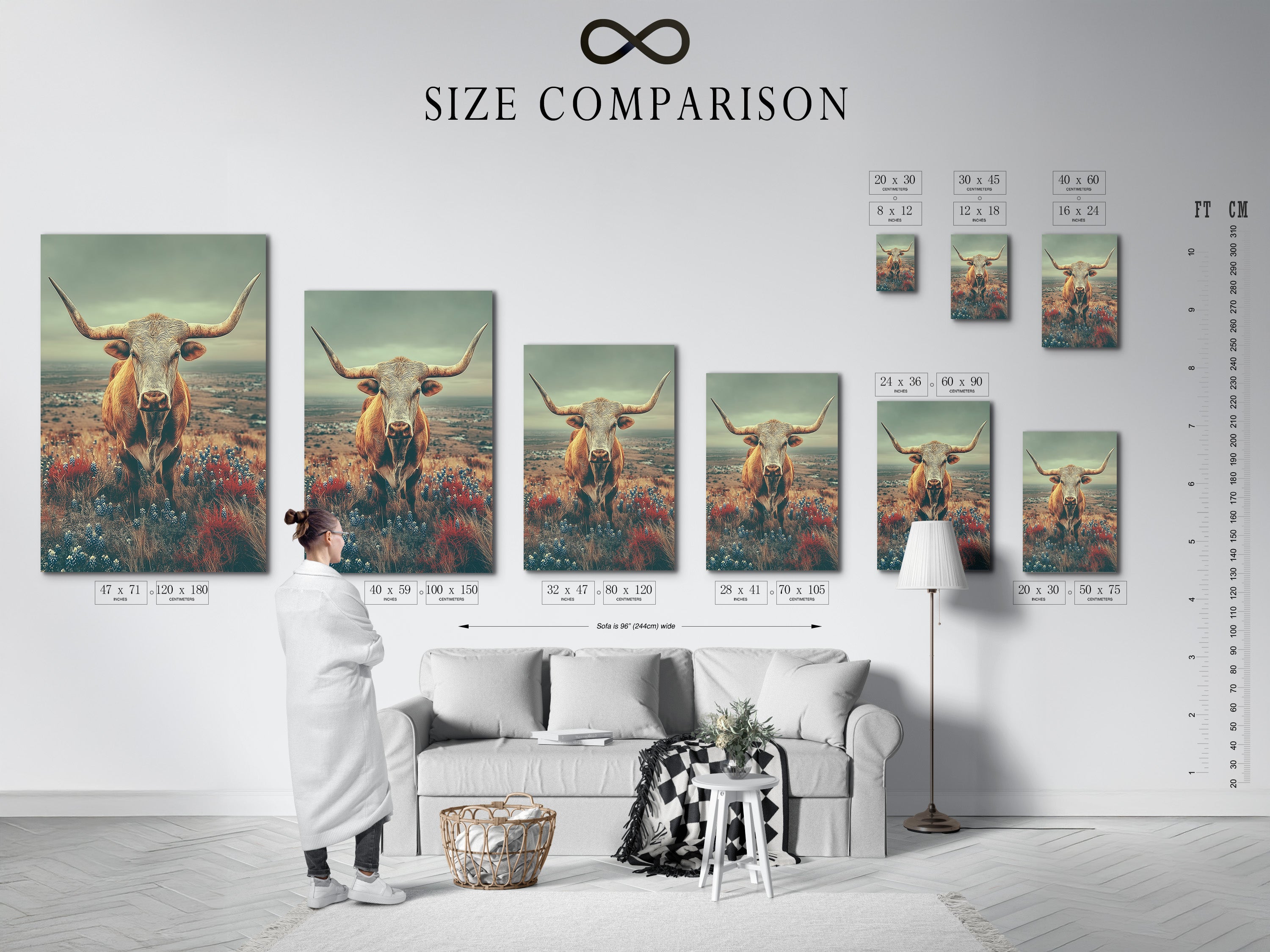 Size comparison chart in an interior setting featuring the Highland Cow art. See how this vintage country landscape fits your space. This rustic farm animal wall art is perfect for any room. Choose the right size for your needs.