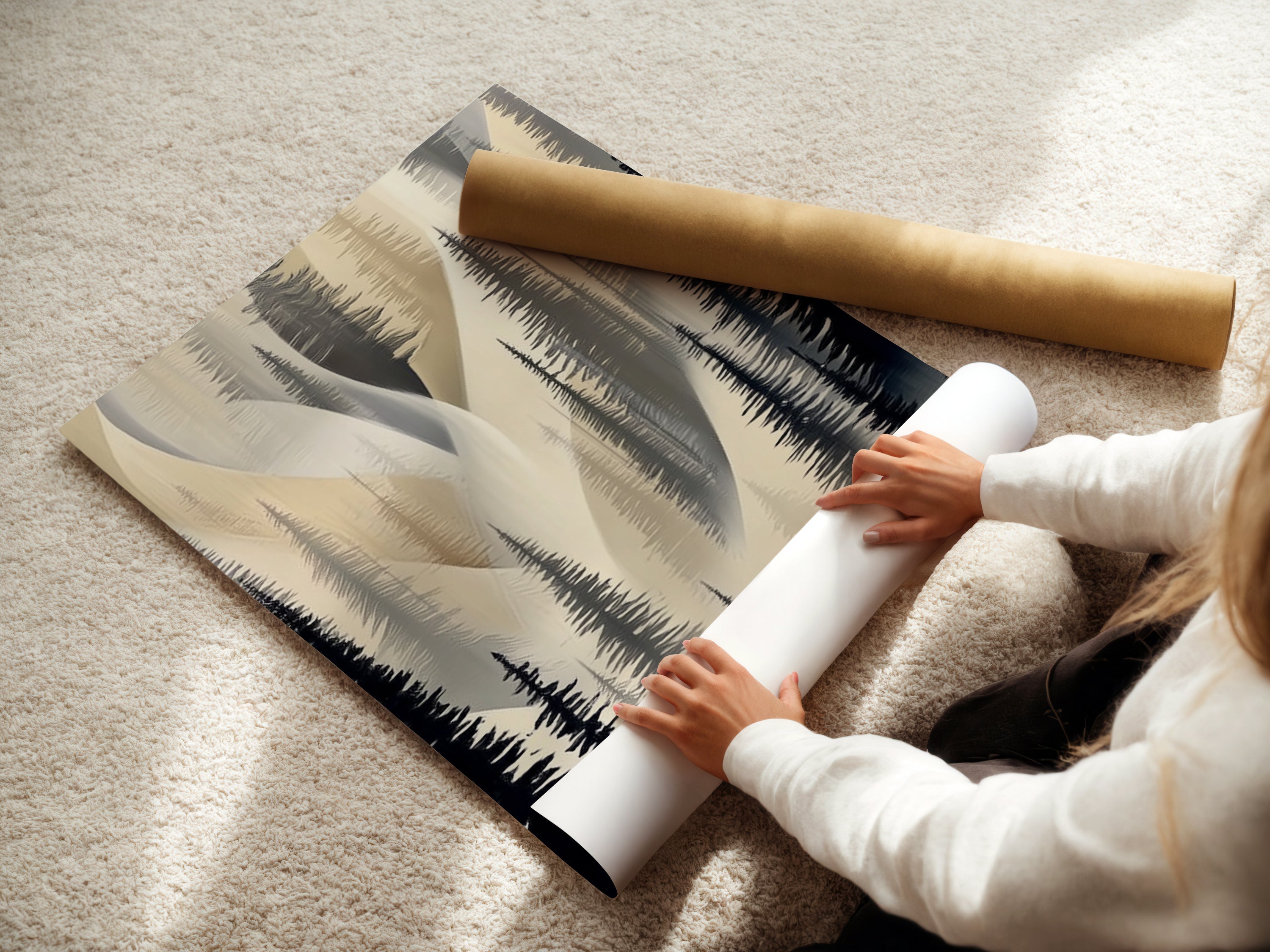 A woman carefully rolls a fine art poster paper. This highlights the care taken in producing the abstract pine tree artwork. The fine art poster paper ensures high quality and detail. The neutral color artwork is perfect for any room. The rolled poster is ready for framing or display. This print enhances hallway wall decor.