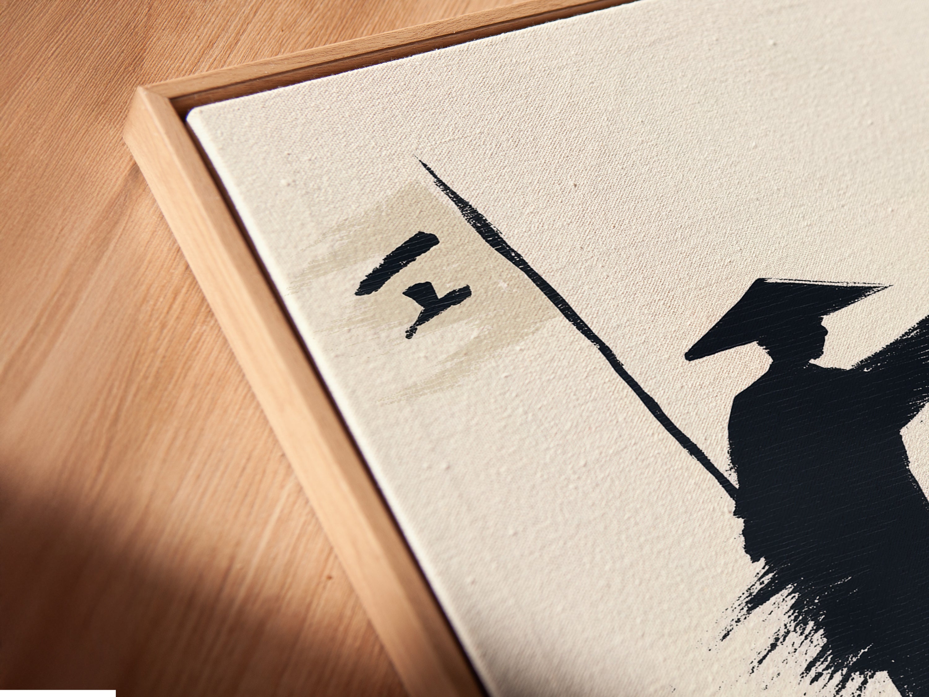 A close-up shows a canvas print in a floating frame. The samurai artwork is visible. This Japanese print highlights a warrior canvas. The ink wash painting adds an artistic touch. Perfect for living room wall art.