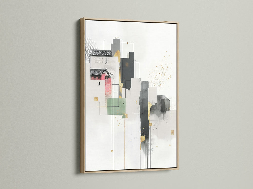 An oak frame beautifully showcases an abstract cityscape artwork. The modern canvas art features geometric buildings and minimalist details. Ideal for enhancing office decor with architectural art. Notice the neutral tones and subtle gold accents in this urban art print. Discover the charm of scandi decor for home or office.
