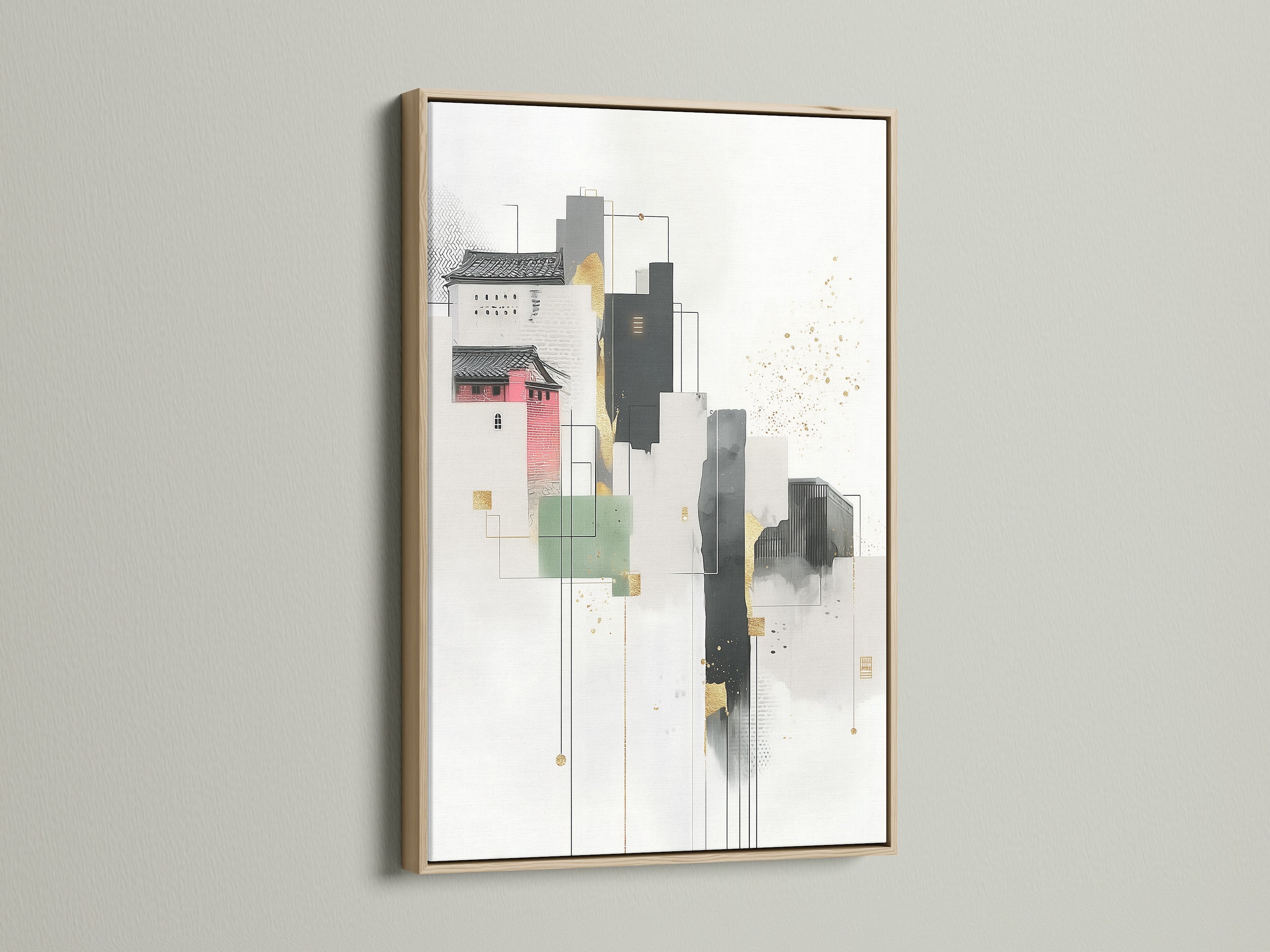 An oak frame beautifully showcases an abstract cityscape artwork. The modern canvas art features geometric buildings and minimalist details. Ideal for enhancing office decor with architectural art. Notice the neutral tones and subtle gold accents in this urban art print. Discover the charm of scandi decor for home or office.