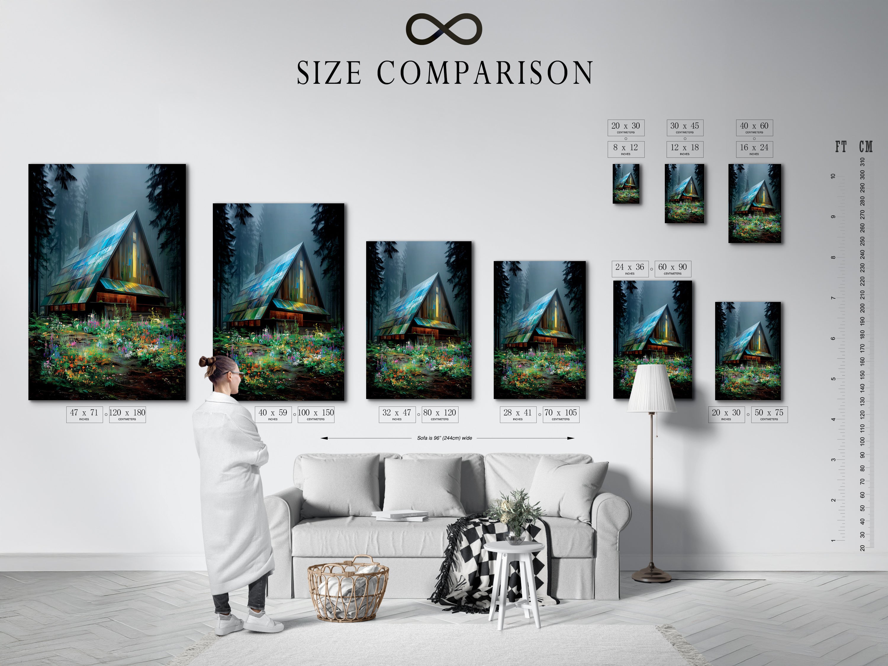Here is a size comparison chart in an interior setting. It is displaying the available sizes. The artwork is a cabin in the woods canvas print. This art helps visualize the perfect fit. Great for any space.