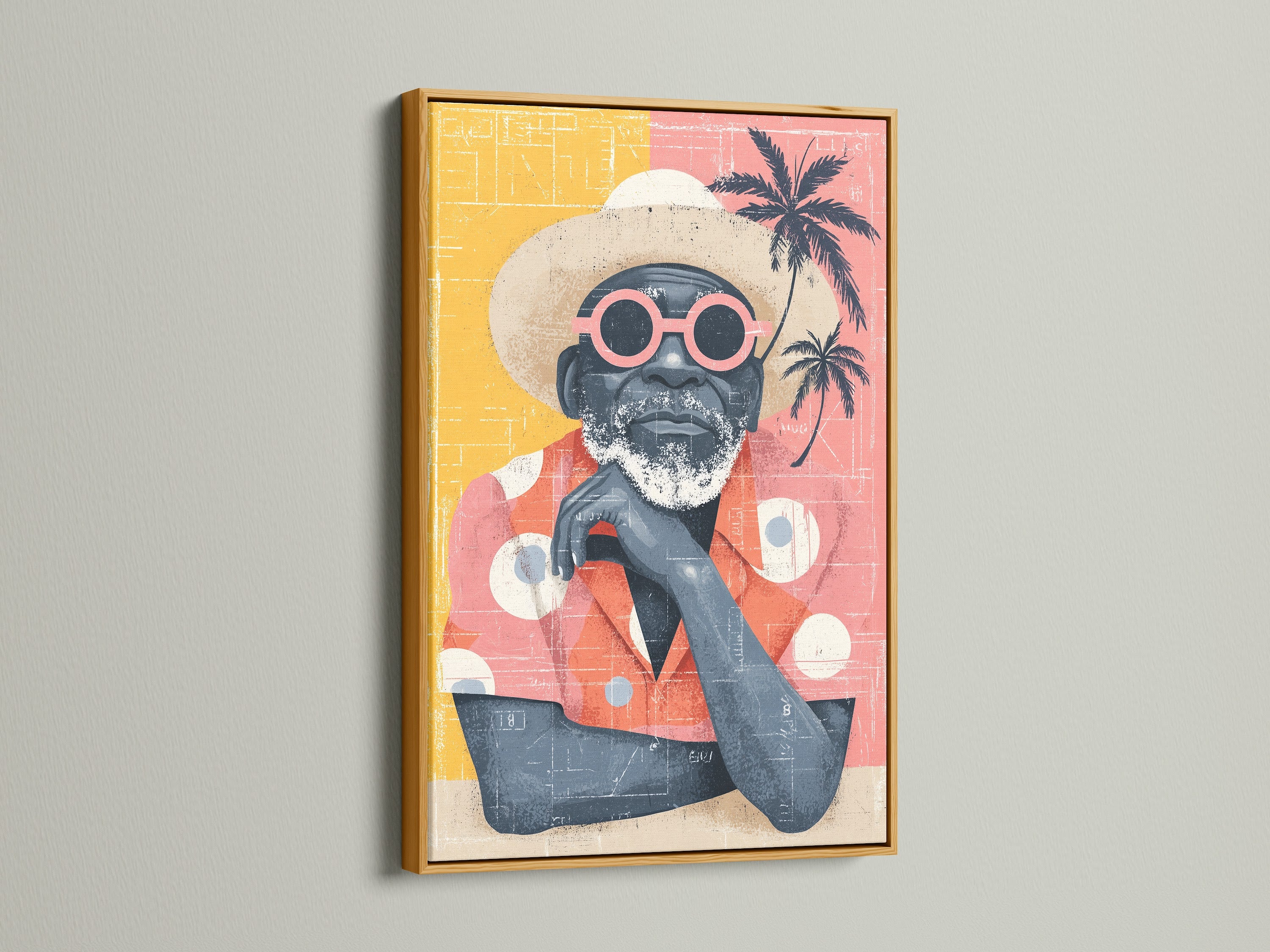 Retro beach man art print in a gold frame. This tropical artwork exudes vintage charm. The gold frame adds a touch of elegance to the summer scene. Featuring a man in sunglasses this print is perfect for coastal decor. It enhances studios lobbies and cafes with its unique style.