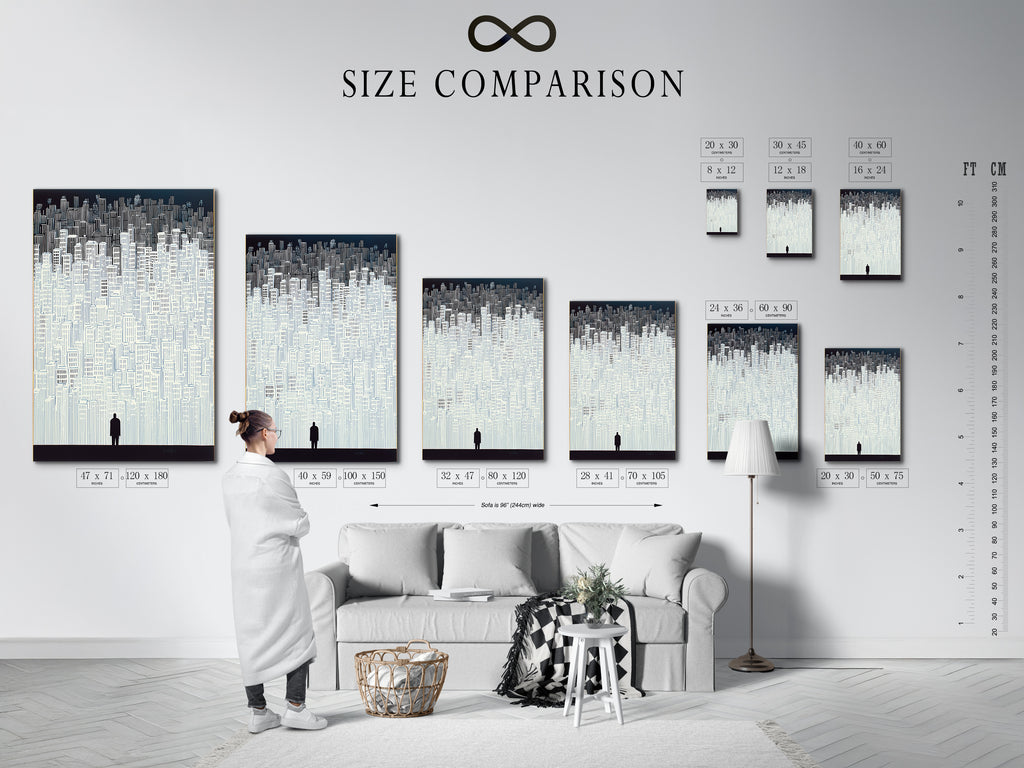 A size comparison chart is displayed in an interior setting. The chart showcases various sizes of the artwork. Perfect for visualizing how it will fit in your space. Choose the ideal size for your cityscape artwork. Enhance your decor with this modern art.