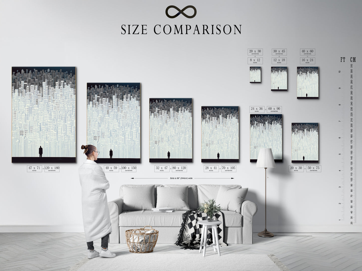 A size comparison chart is displayed in an interior setting. The chart showcases various sizes of the artwork. Perfect for visualizing how it will fit in your space. Choose the ideal size for your cityscape artwork. Enhance your decor with this modern art.