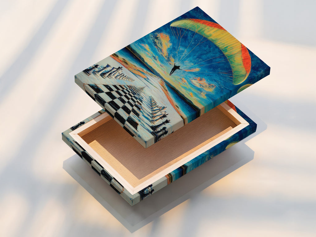 This stretched canvas print features a captivating chess skydiving design. The artwork showcases a surreal chessboard landscape. It's an excellent choice for modern wall art enthusiasts looking to elevate their living spaces.