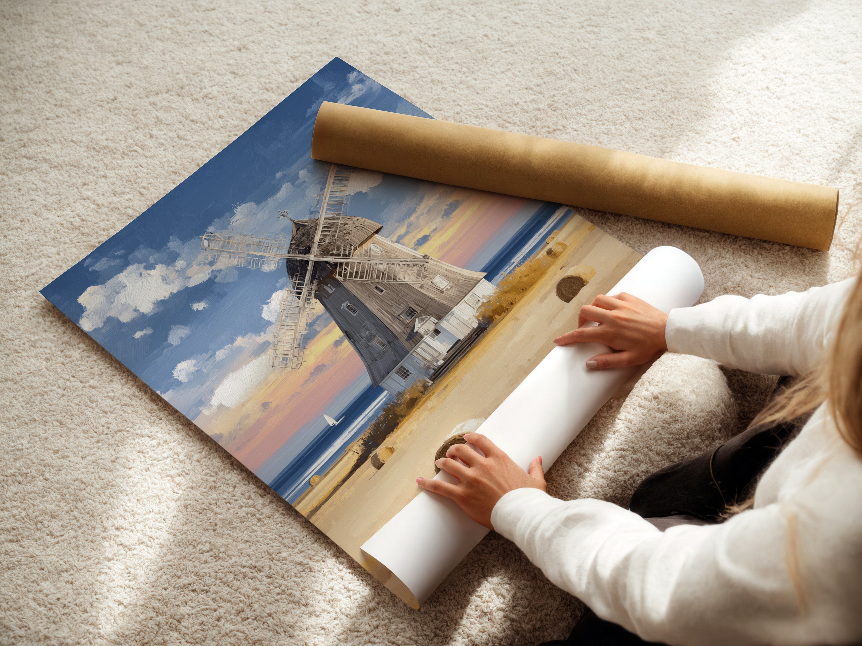 A woman carefully rolls a fine art poster paper print of a coastal countryside windmill artwork. The print showcases golden hay bales and a serene seaside view. This high quality poster paper is perfect for framing and displaying your favorite art. Bring vintage farmhouse charm and seaside tranquility to your home.