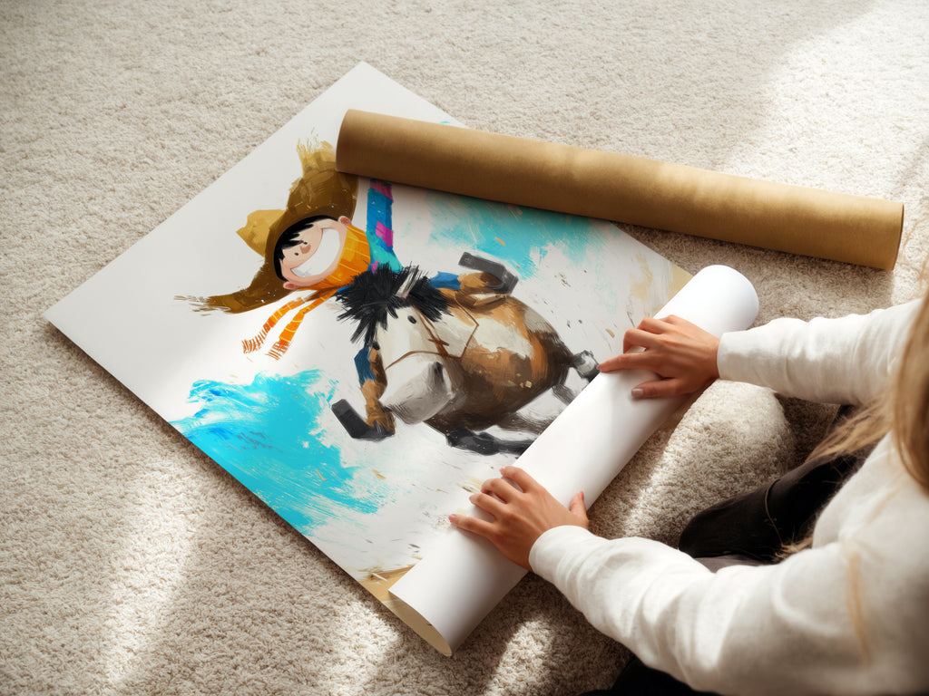 Woman rolling a fine art poster paper of the cowboy art. High-quality fine art paper ensures the artwork looks its best. The poster is carefully rolled for protection during shipping. Get ready to display this charming western piece.