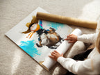Woman rolling a fine art poster paper of the cowboy art. High-quality fine art paper ensures the artwork looks its best. The poster is carefully rolled for protection during shipping. Get ready to display this charming western piece.