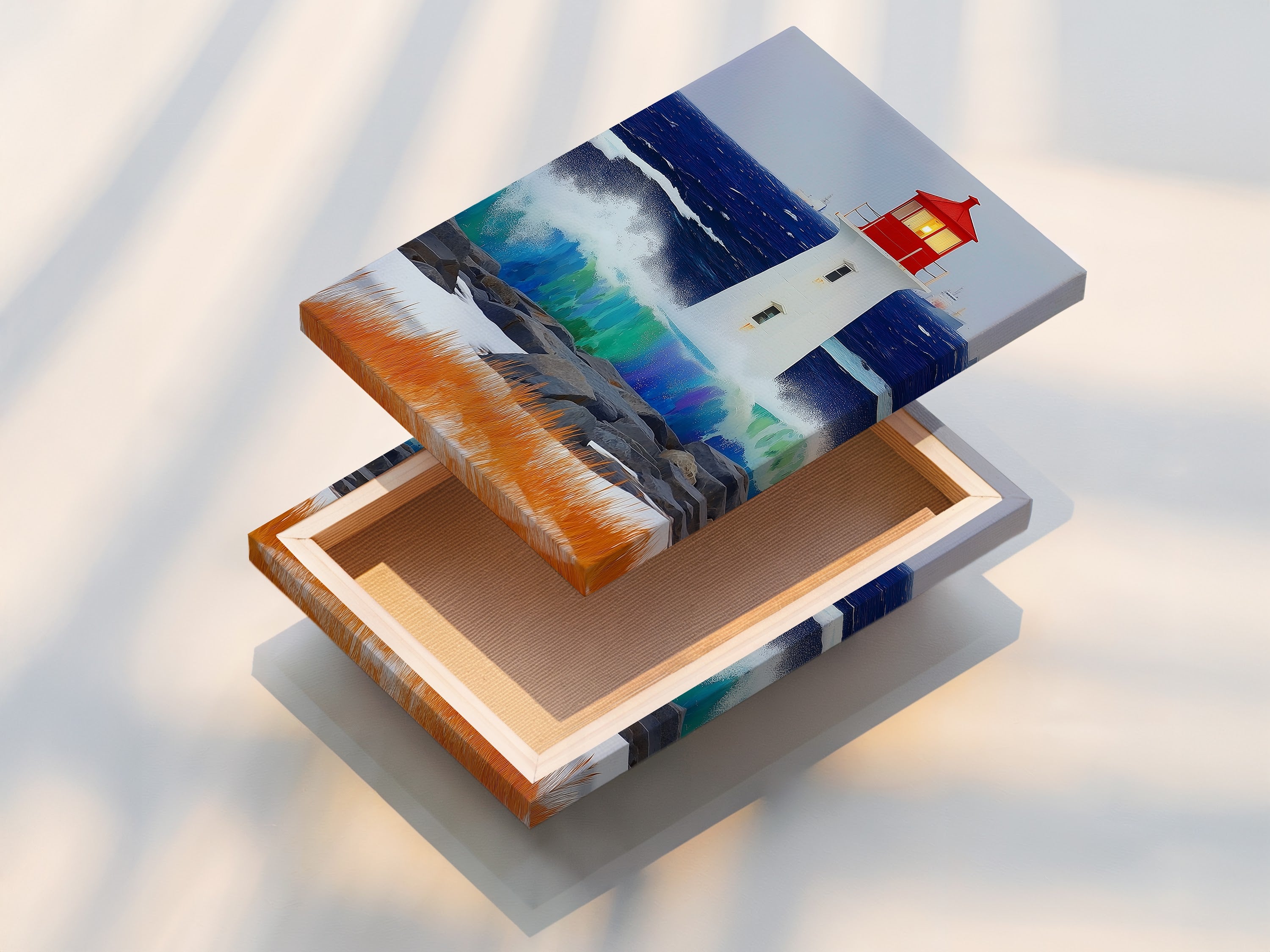 A stretched canvas print of a lighthouse artwork. This ready-to-hang option simplifies decorating. The stretched canvas provides a clean gallery-wrapped look. It's ideal for living rooms bedrooms and beach houses. Coastal artwork.