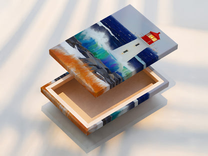 A stretched canvas print of a lighthouse artwork. This ready-to-hang option simplifies decorating. The stretched canvas provides a clean gallery-wrapped look. It's ideal for living rooms bedrooms and beach houses. Coastal artwork.