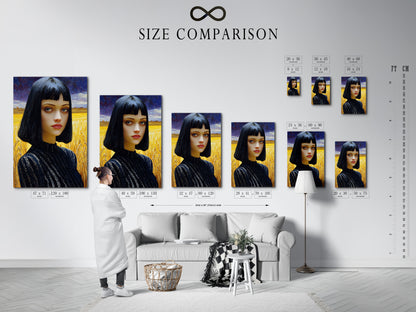 Size comparison chart of the art in an interior setting. See how this gothic portrait art fits your space. Dark moody art makes a statement. This contemporary woman painting is versatile modern portrait art.