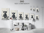 A size comparison chart is displayed in an interior setting. The chart shows various sizes of the highland cow artwork. Options include canvas prints and framed posters. This funny animal print is perfect for bathroom wall art. Choose the ideal size to fit your space and decor needs.