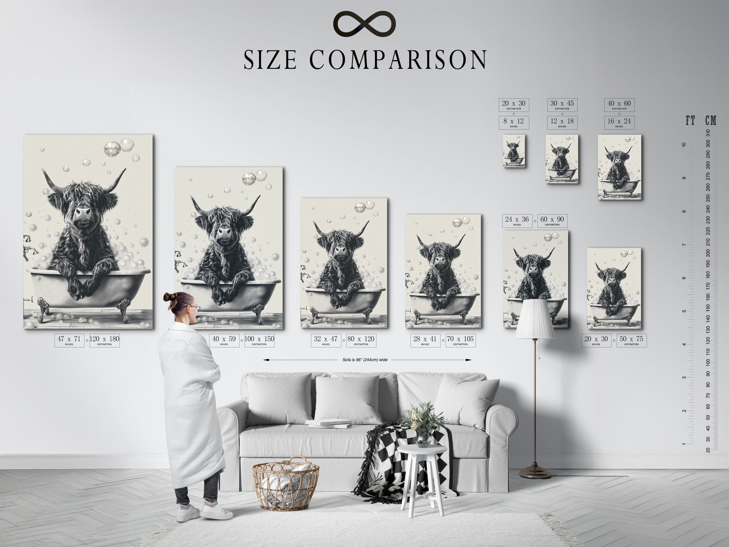 A size comparison chart is displayed in an interior setting. The chart shows various sizes of the highland cow artwork. Options include canvas prints and framed posters. This funny animal print is perfect for bathroom wall art. Choose the ideal size to fit your space and decor needs.