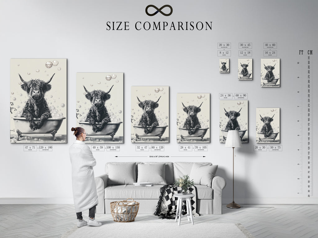 A size comparison chart displayed in a stylish interior showcases the highland cow in bathtub artwork. Choose the perfect size for your bathroom wall art. This funny animal print is available in various options. Find the ideal fit for your restroom decor. Enhance your space today.
