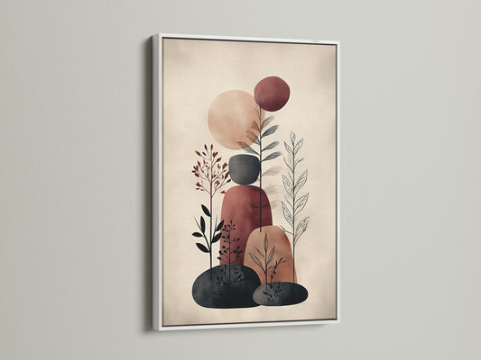 Showcasing a white frame enhancing an abstract botanical art print. The bright white frame gives a clean look to the minimalist artwork. Ideal for scandi art styles. This plant canvas adds a touch of modern artwork to any space. A great choice for neutral tone decor.
